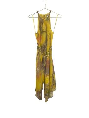 Cache Yellow Tropical Animal Print Chain Halter Handkerchief Hem Dress Size 6